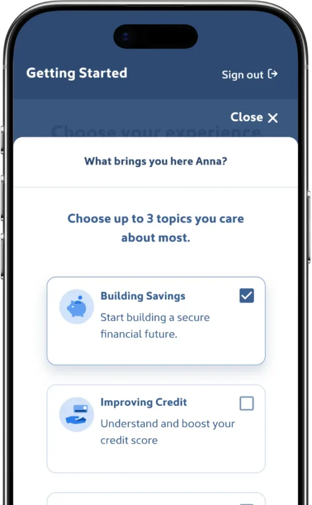 Get Money Ready Coach topics screen