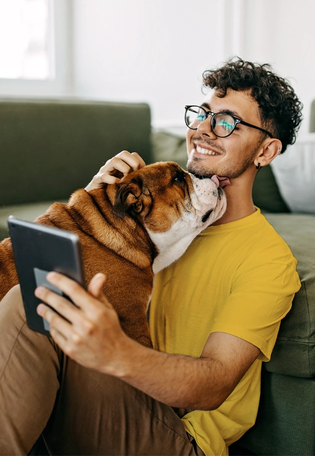 Person patting his dog while reviewing finances on a tablet.