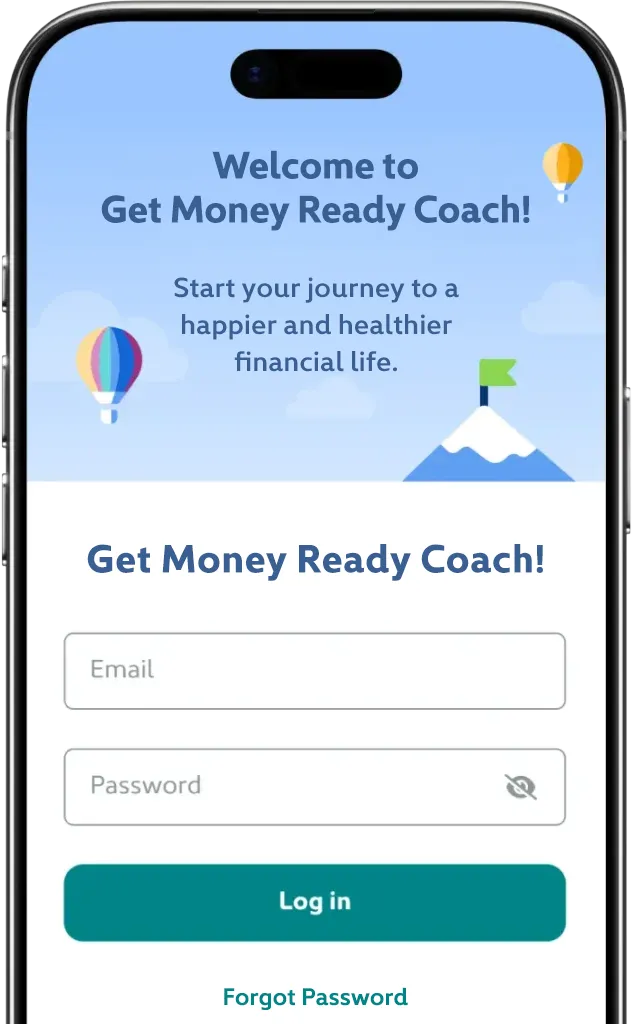 Get Money Ready Coach account setup screen shown on a phone.